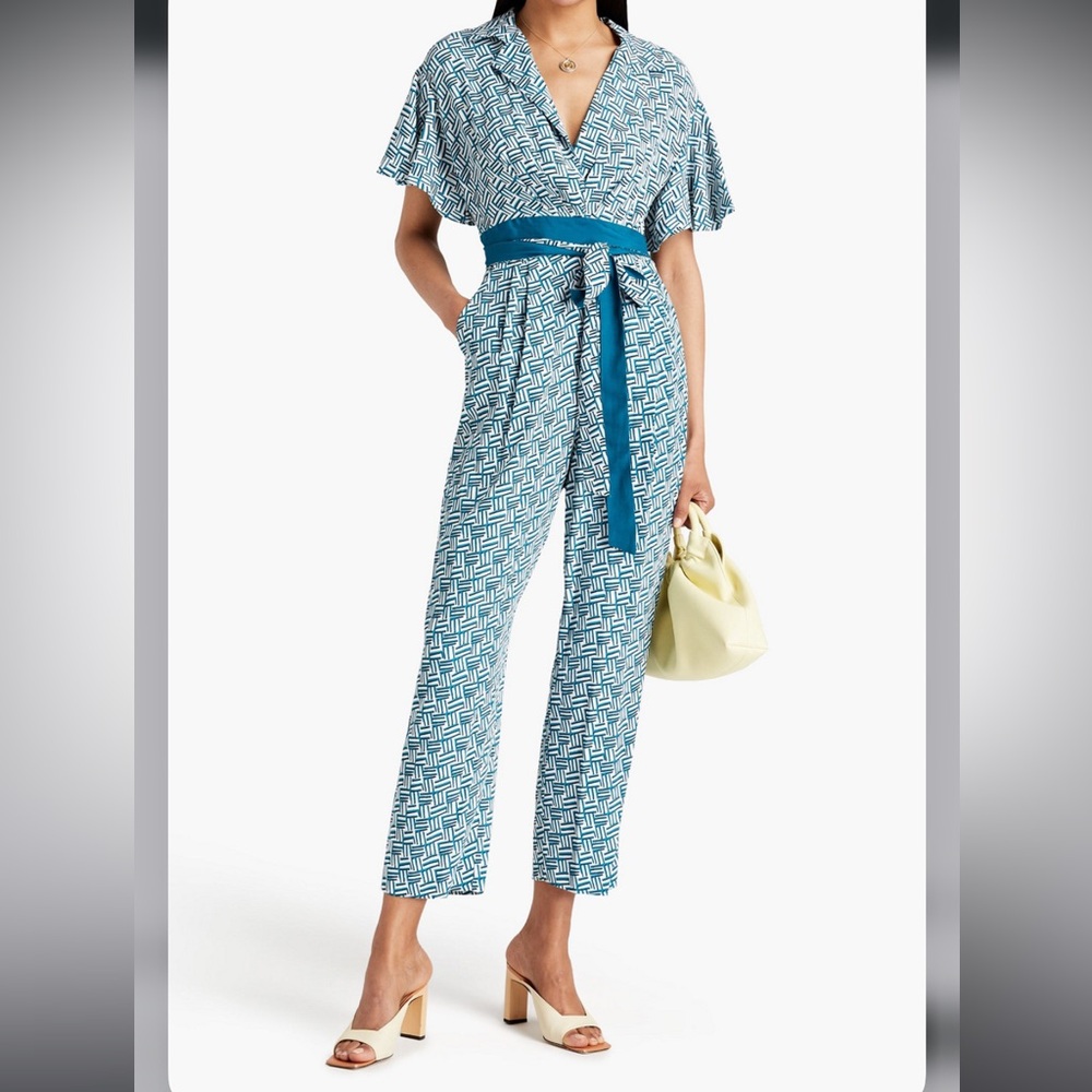 Diane Von Furstenberg Athena Belted Jumpsuit Geo Turquoise Size 0 NWT